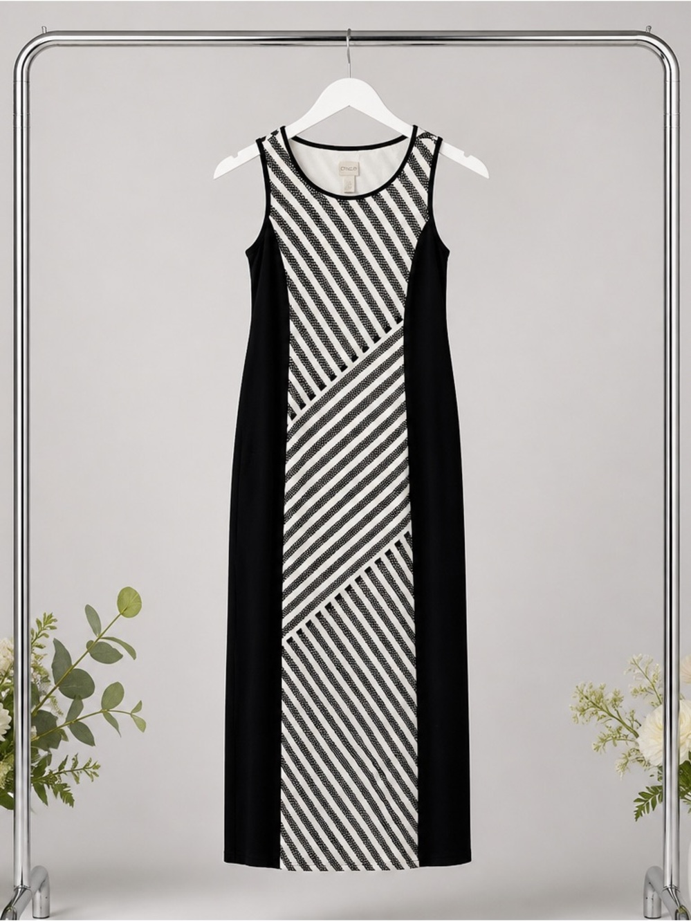 Chico's Black and White Striped Panel Sleeveless Maxi Dress